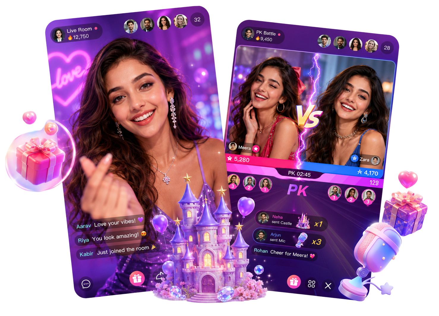 Chamet app screens showing live video chat, profiles, and social feeds