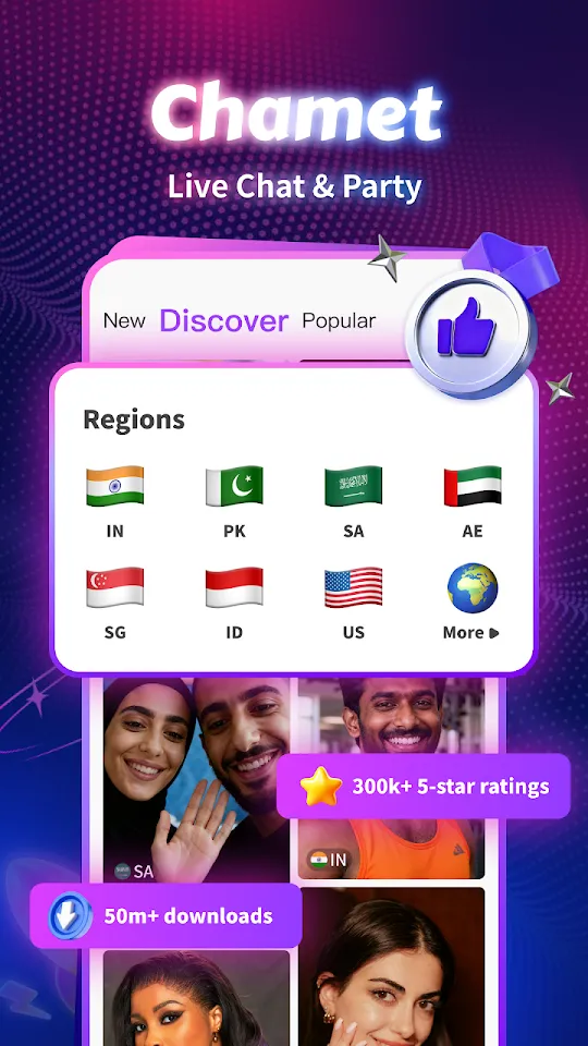 Chamet Discover feed with region filters for India, Pakistan, Saudi Arabia, the UAE and the US