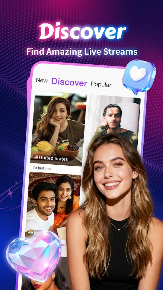 Chamet Discover screen showing live streams from creators in the US and India